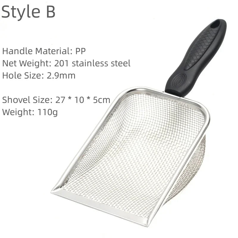 Pet Cat Waste Shovel with a Long Handle.  Shovel is Stainless Steel Metal and the Litter Filter.