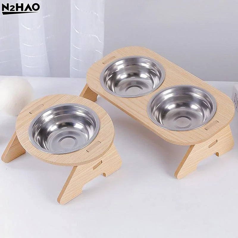 Elevated Cat Bowls 15° Tilted Raised Bowls.  Wooden Stand and Stainless Steel Bowls for Cats And Puppies.