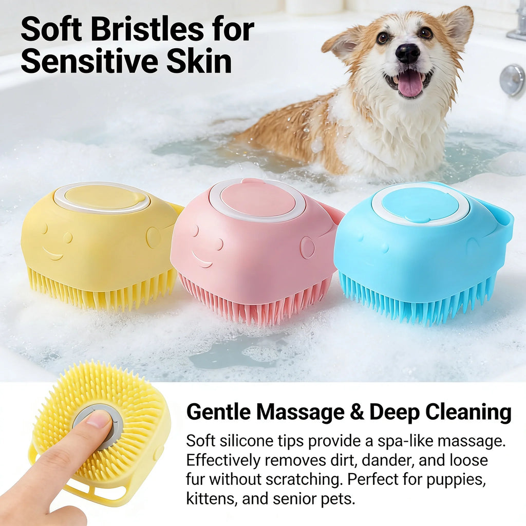 Pet Bath and Massage Brush with Shampoo Storage Silicone.