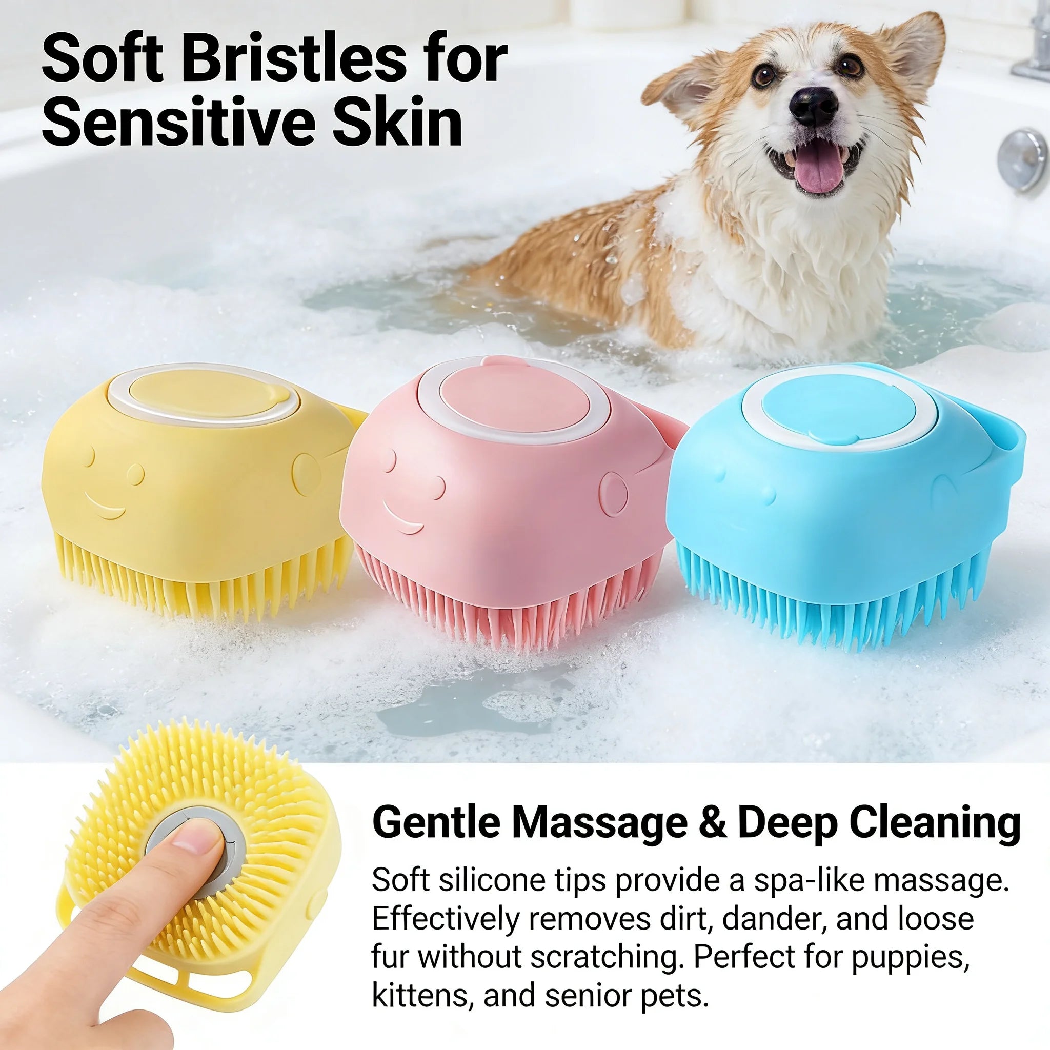 Pet Bath and Massage Brush with Shampoo Storage Silicone.