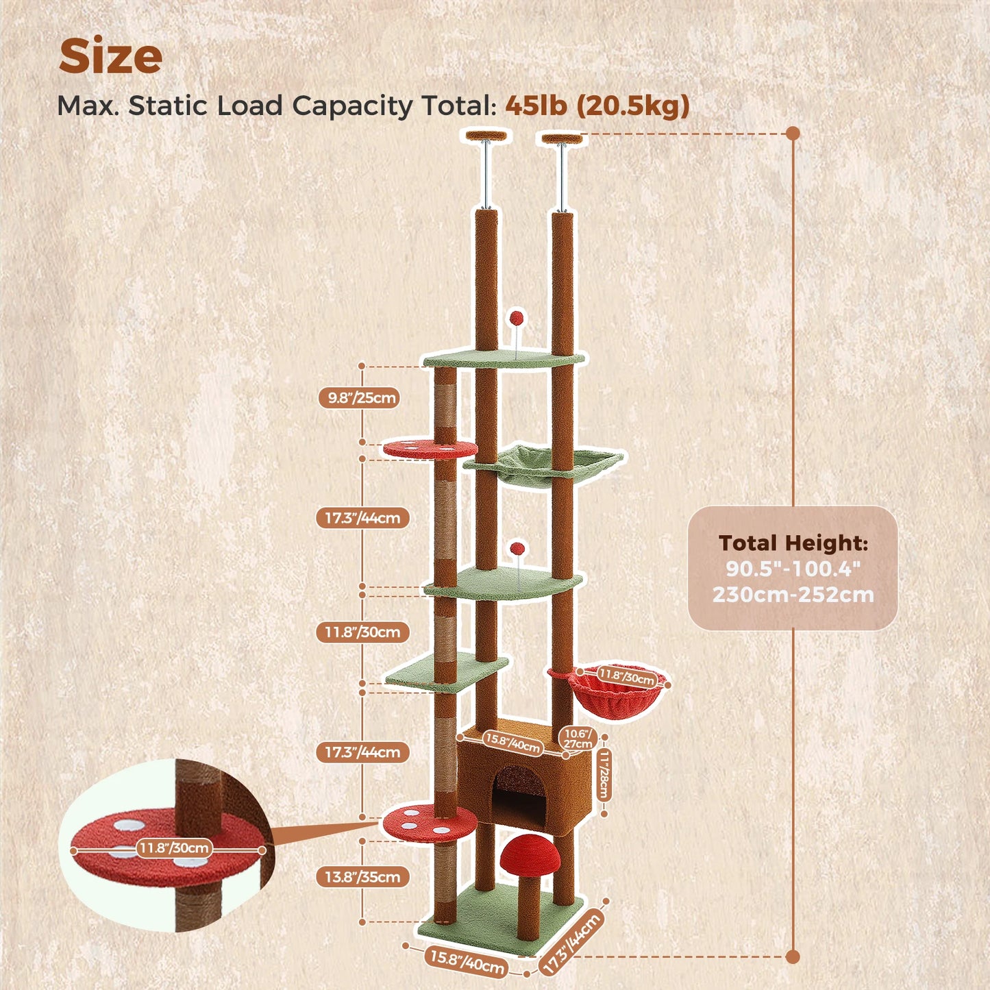 Floor to Ceiling Cat Tree with Scratching Posts and a Hammock for Indoor Cats with Toys.