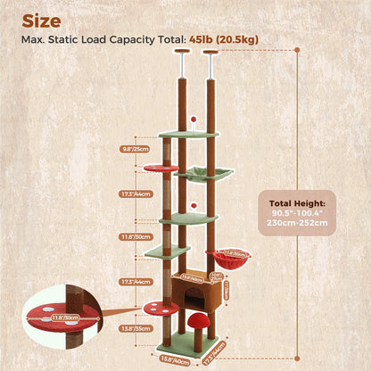 Floor to Ceiling Cat Tree with Scratching Posts and a Hammock for Indoor Cats with Toys.