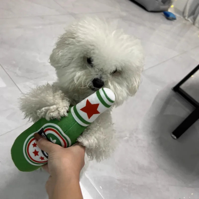 Plush Dog Toys Beer Bottle Shaped for Small, Medium and Large Dogs.  Bite Resistant, Squeaky and Interactive.