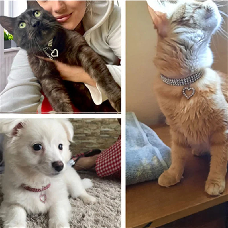 Cat and Dog Collar Three Row Elastic Rhinestone.  Pet Collars Have Decoration on Necklace.