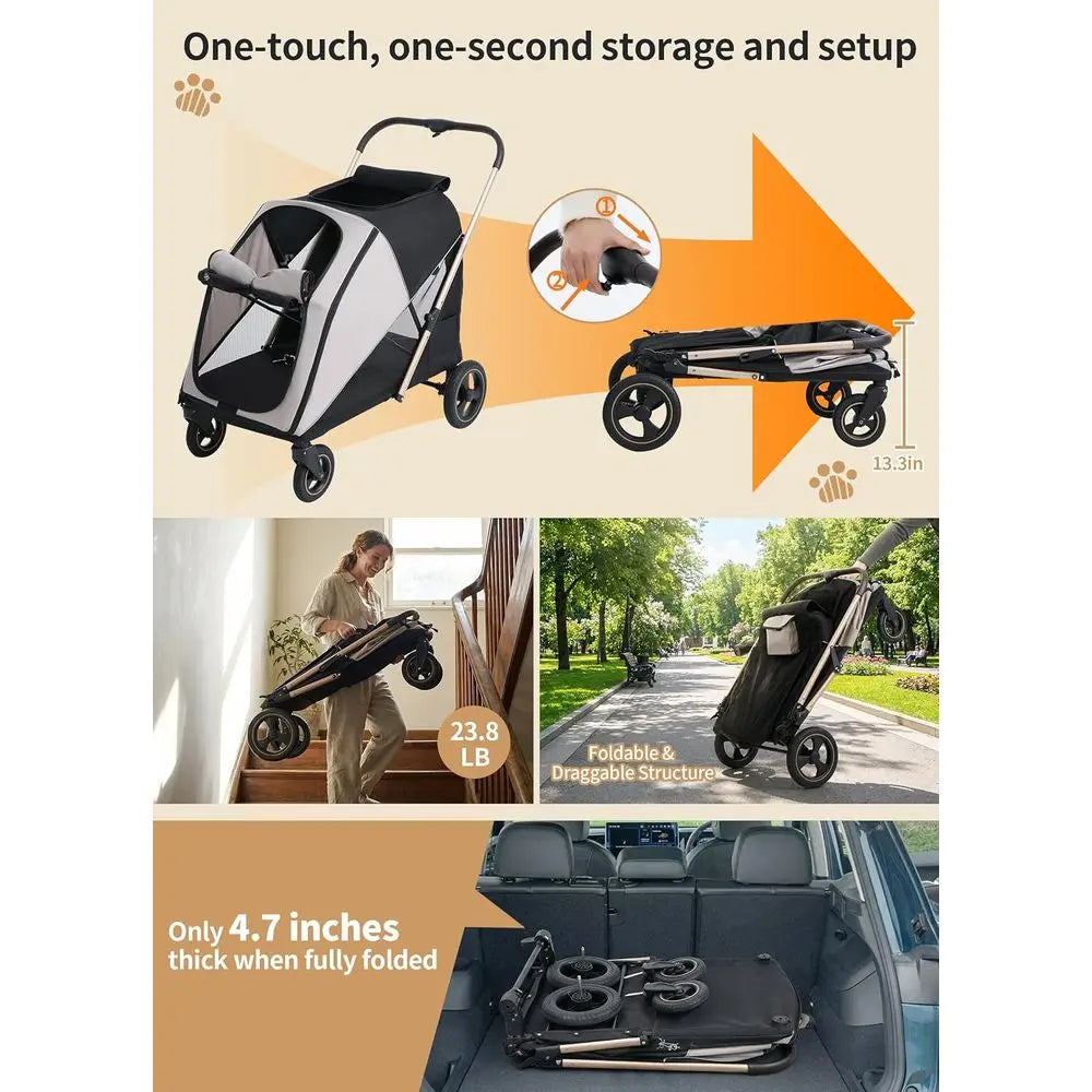Dual-Entry 4-Wheel Pet Stroller for Large Dogs up to 80 lb. One-Foot Brake, Reflective Tape, Breathable Mesh.