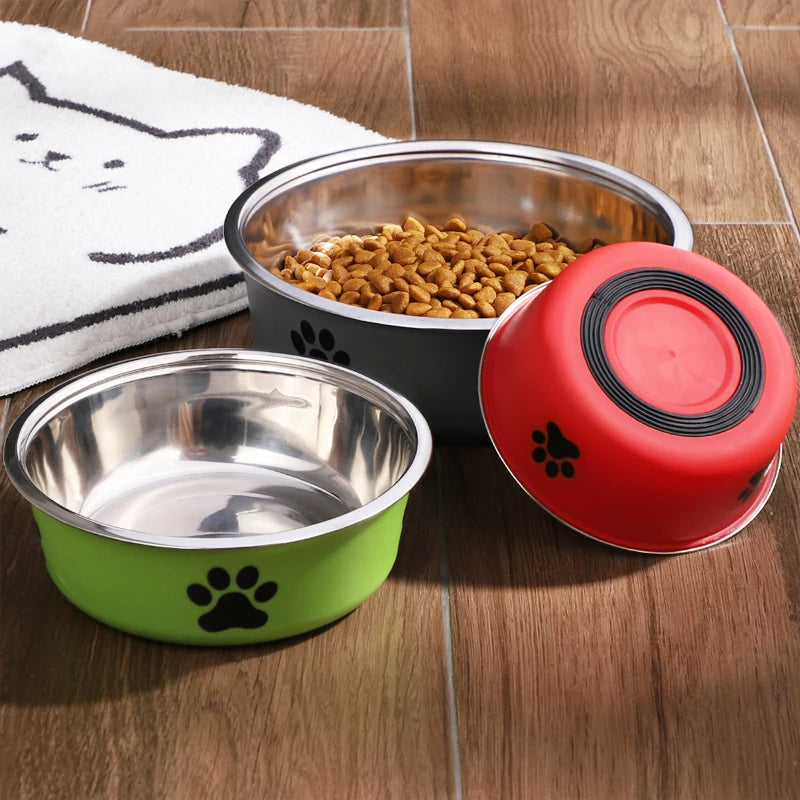 A Pet Stainless Steel Bowl  with  Paw Prints.