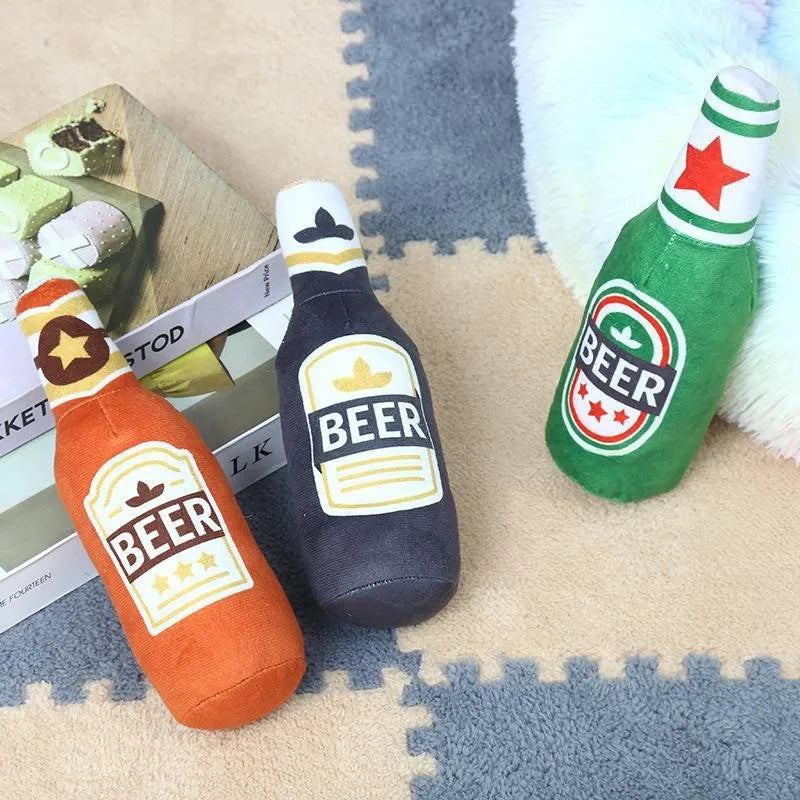 Plush Dog Toys Beer Bottle Shaped for Small, Medium and Large Dogs.  Bite Resistant, Squeaky and Interactive.