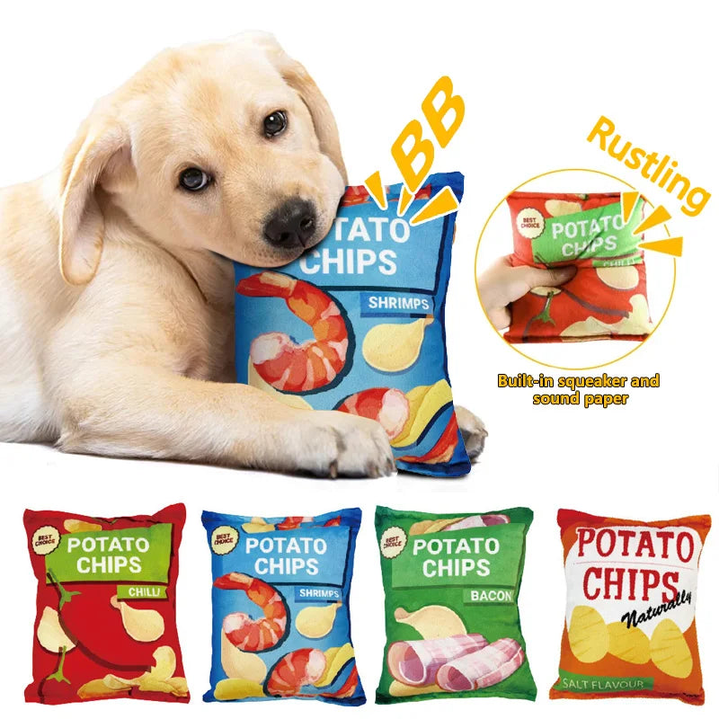 Funny Dog Toy Crisps Plush Filled with Squeaky Toy and Sounding Paper for Small and Medium Dogs.