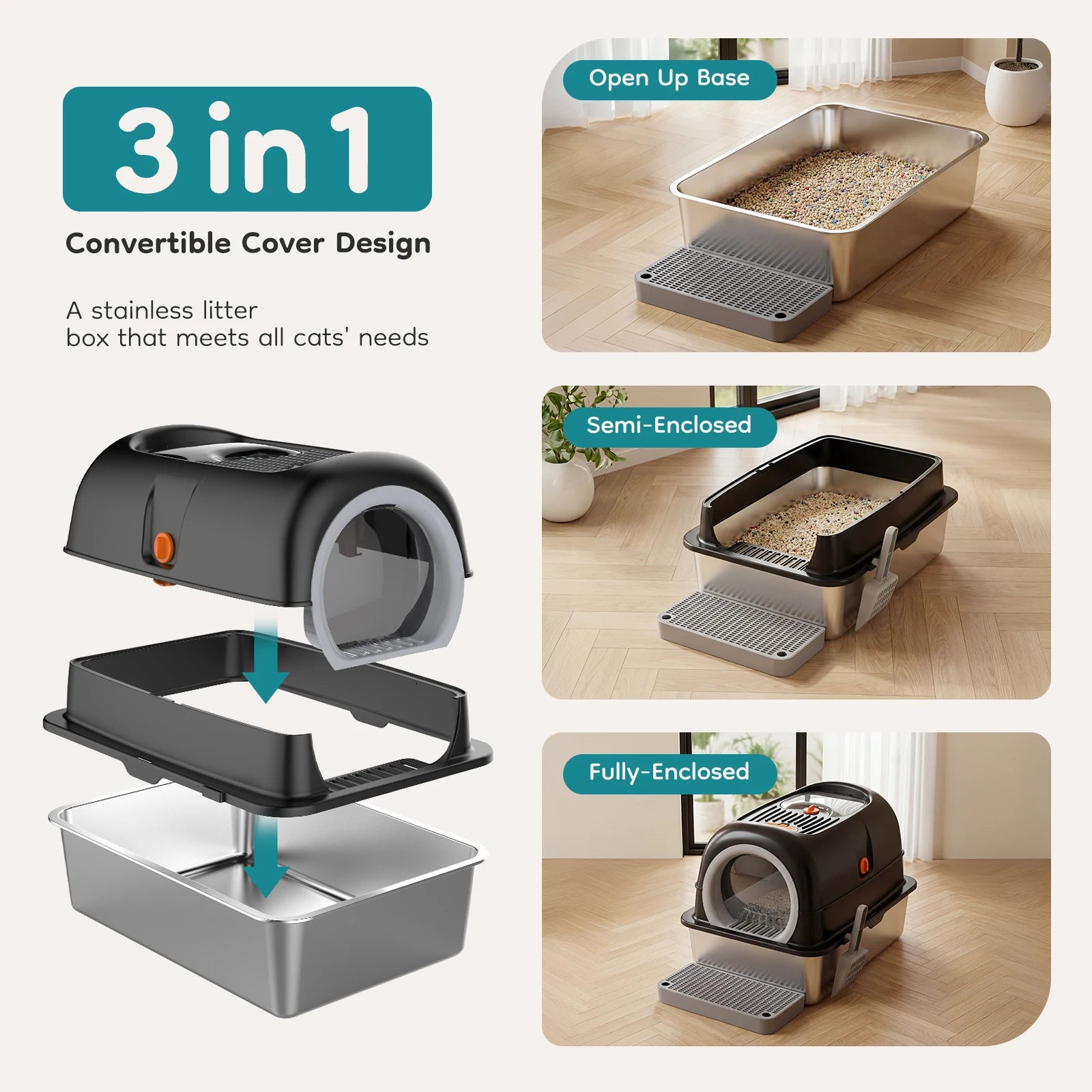 24 IN Stainless Steel Cat Litter Box with Fully Enclosed 30 L Large Cat Litter Box.  Scoop and Mat Included.