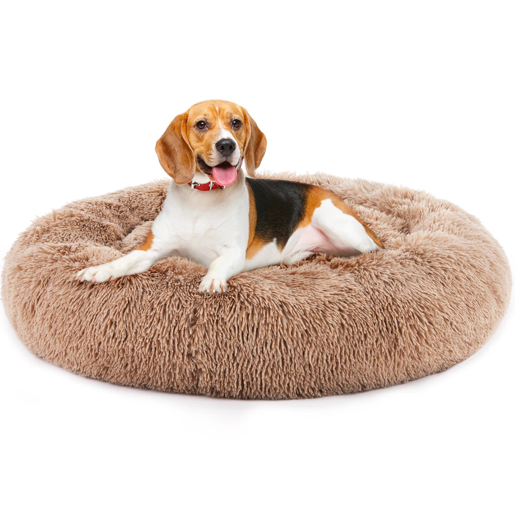 Calming Dog Bed for Medium to Large Dogs Anti-Slip Round Plush Faux Fur Dog Bed.