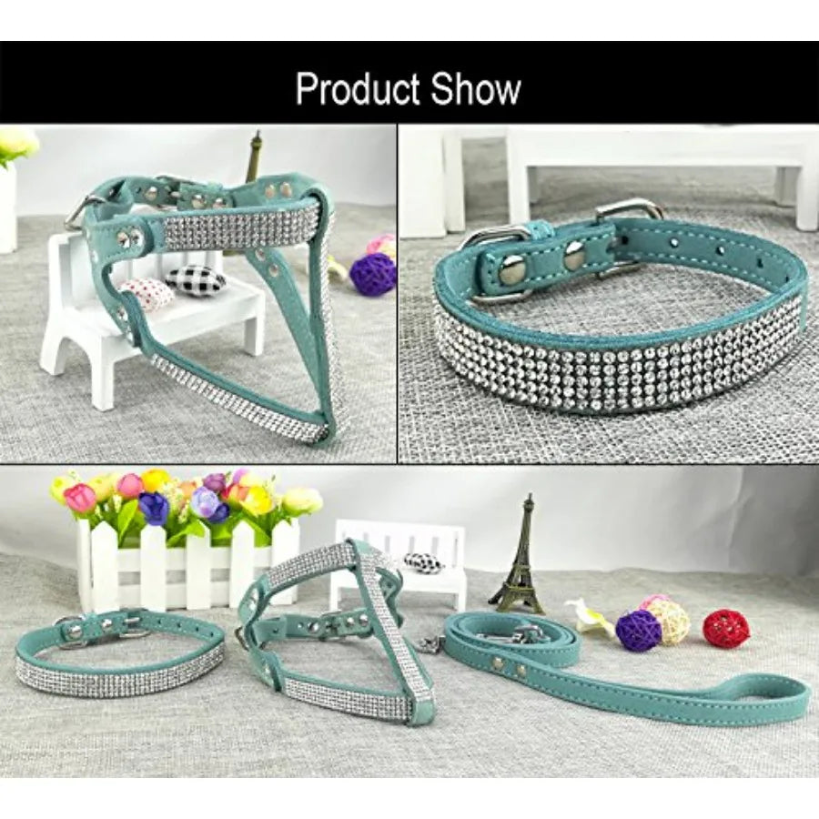 Dog Collar with Harness and Leash Sets.  Fashion Dog Collar Diamante with Harnesses and Leashes. Comfortable Soft Collar Harness and Leash.