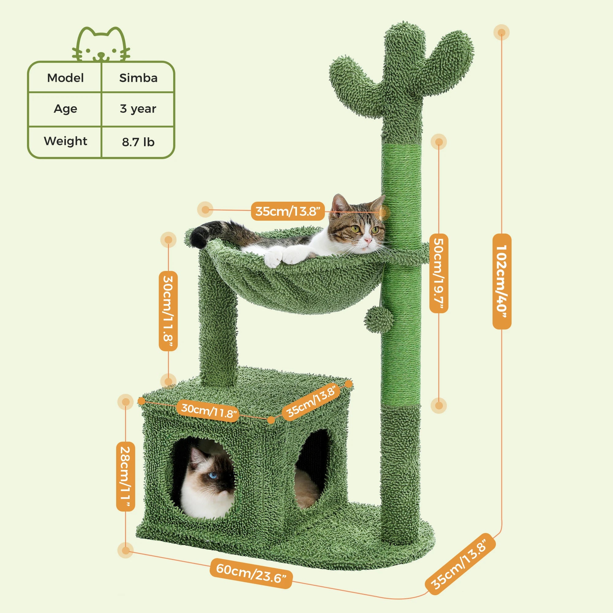 Cactus Cat Tree with Large Condo, Hammock, Dangling Ball, Small Cat Tower, Cat Scratching Post for Indoor Cats.  Limit 8.7 lb.