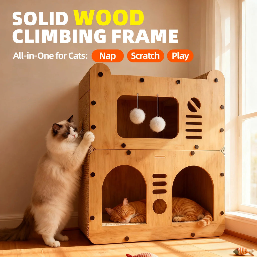 Spacious Cat House for Indoor & Outdoor Use - Multi-Feature Condo with Dual Scratching Boards, Plush Balls, and Ventilation Door