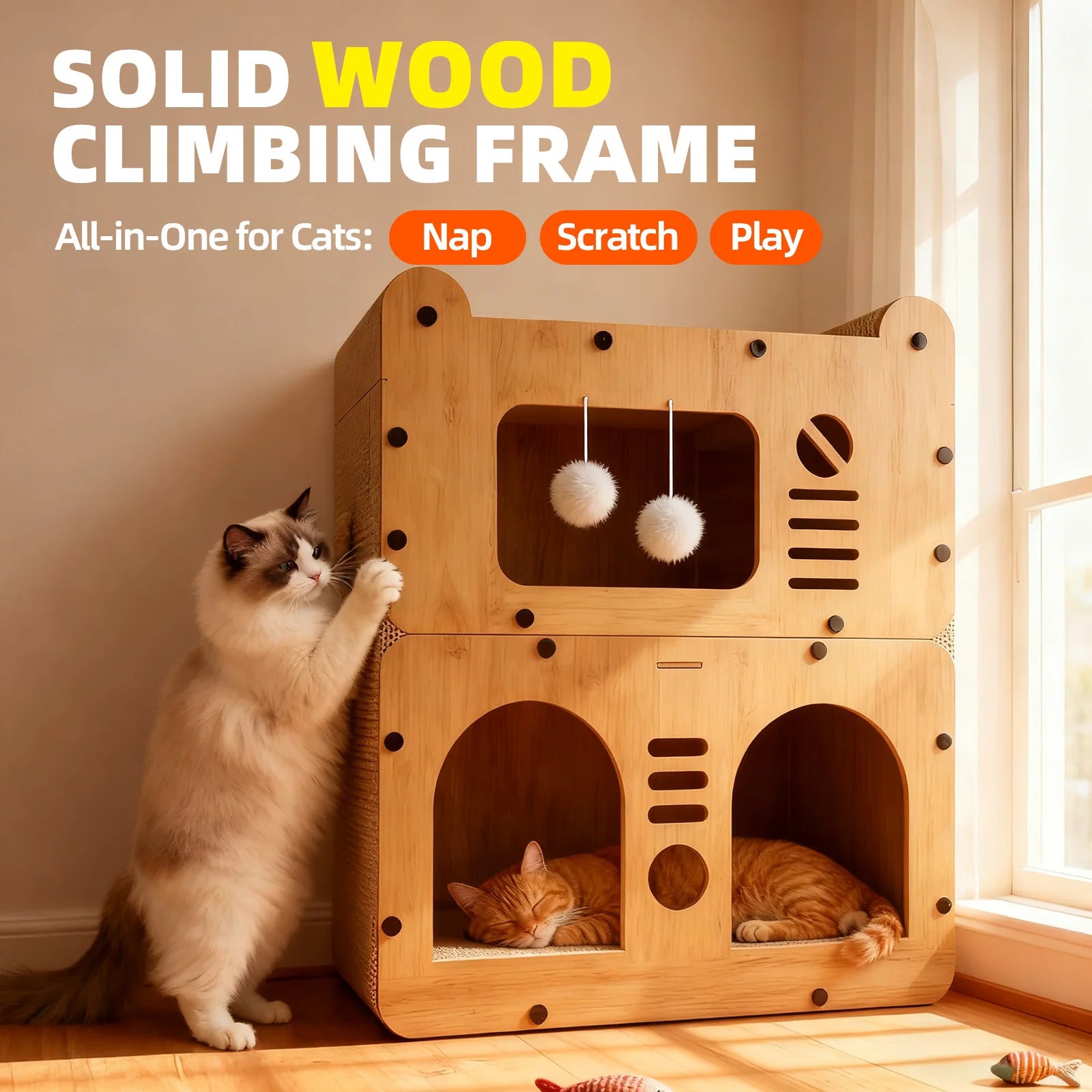 Spacious Cat House for Indoor & Outdoor Use - Multi-Feature Condo with Dual Scratching Boards, Plush Balls, and Ventilation Door