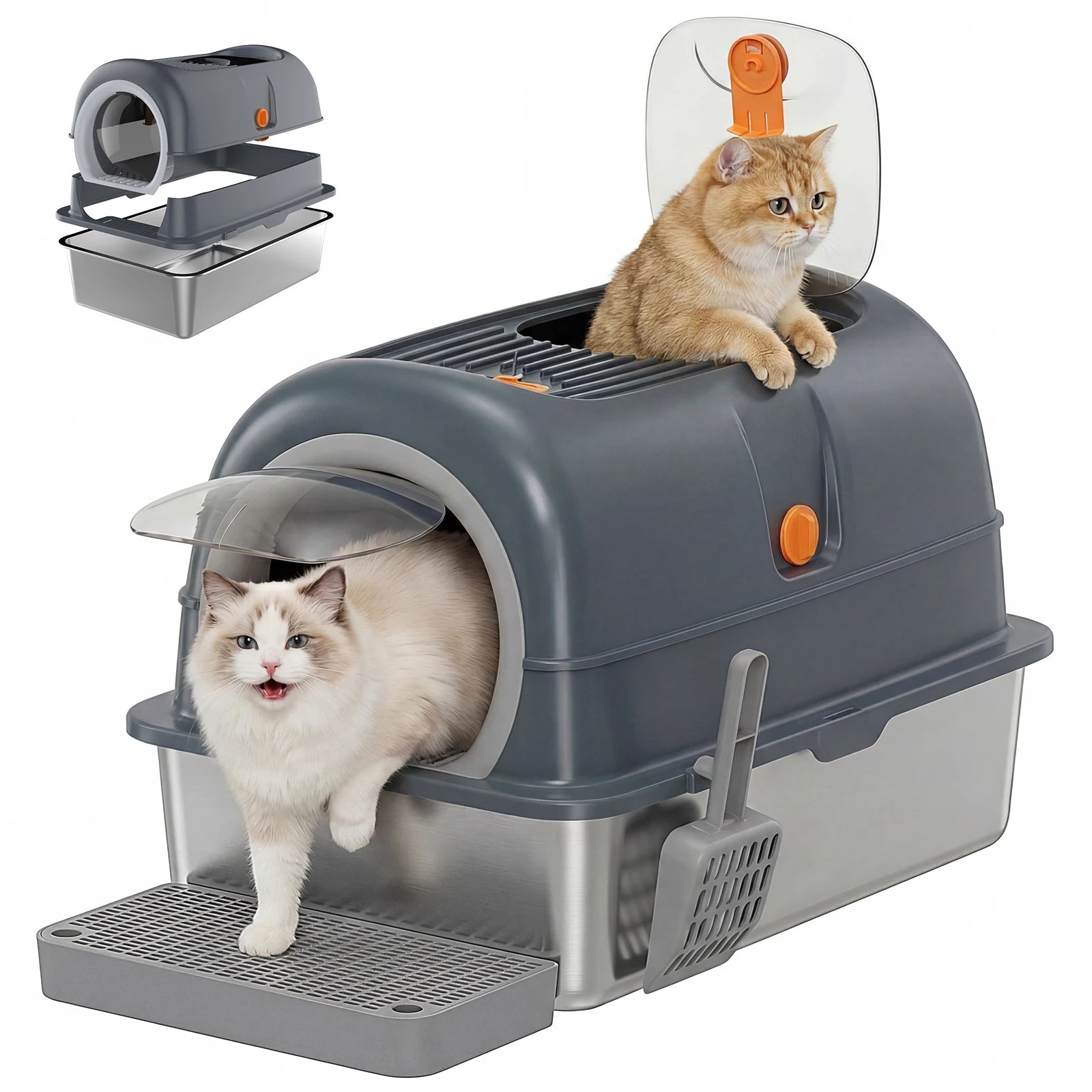 24 IN Stainless Steel Cat Litter Box with Fully Enclosed 30 L Large Cat Litter Box.  Scoop and Mat Included.