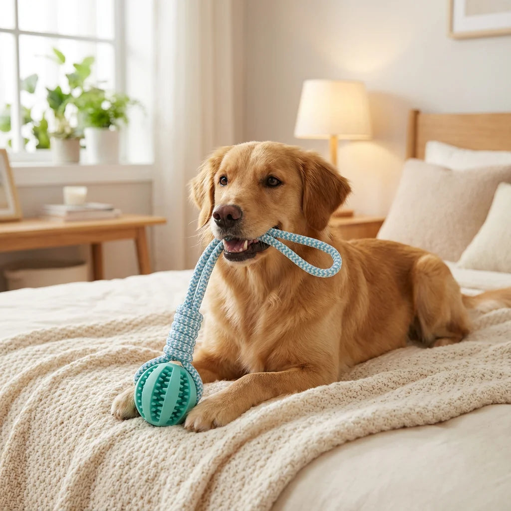 Cotton Rope & Rubber Dog Chew Ball. Durable Treat Dispenser Toy.  Keeps Dog Interactive and solves boredom.