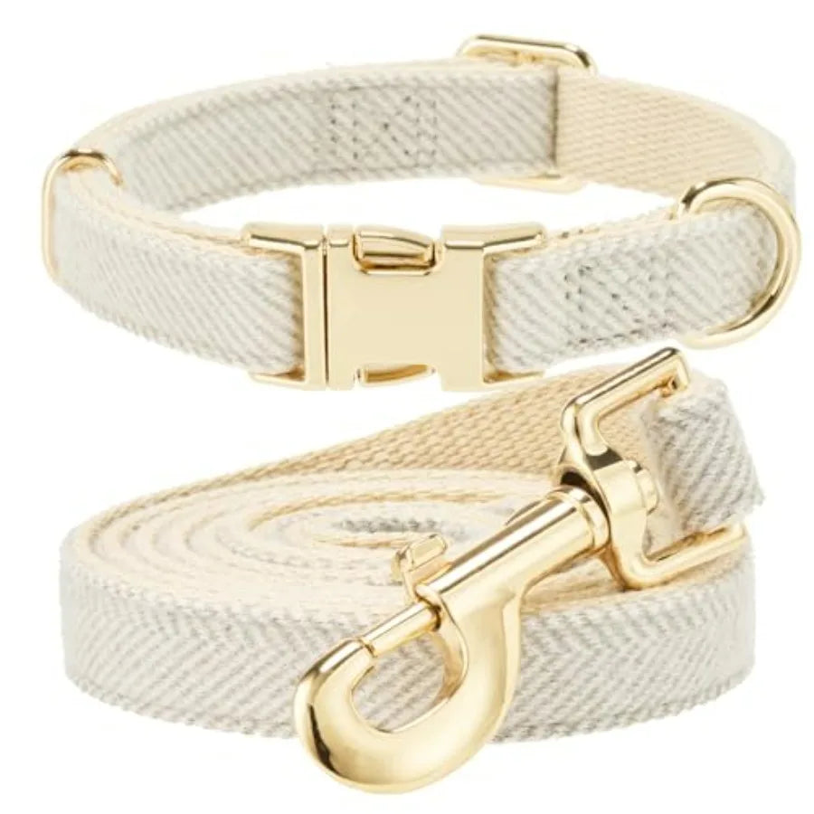 Luxury Soft Cotton Tweed Fabric Dog Collar and Leash Set with Gold Buckle.  Durable Fabric and  Stylish Design for Everyday Walks.