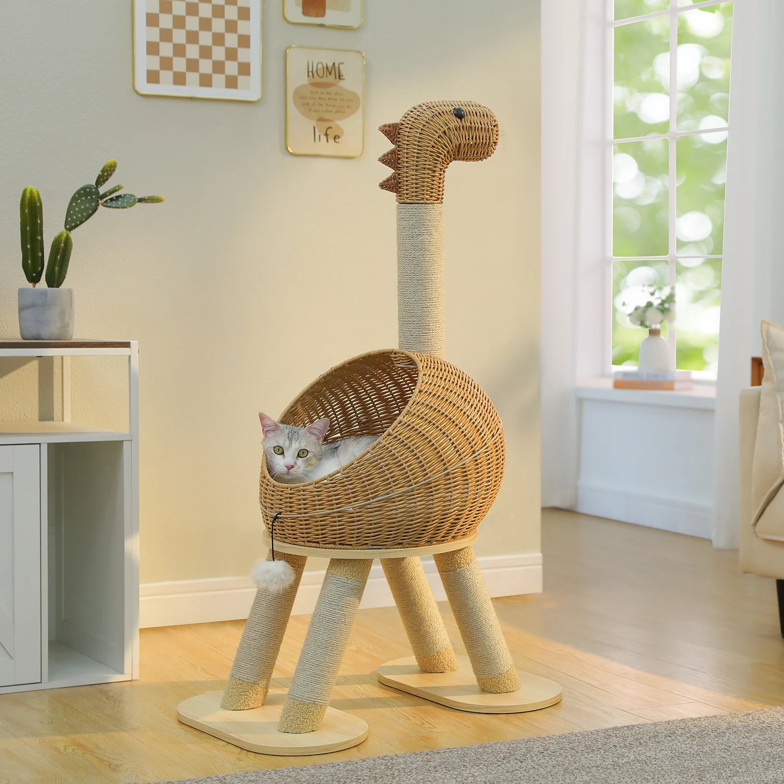Dinosaur Cat Tree Tower with Sisal Scratching Post.  Large Rattan Cat Condo has Indoor Wicker Cat Bed with Removable Mat and Cat Toys.
Cats up to 20 lbs.