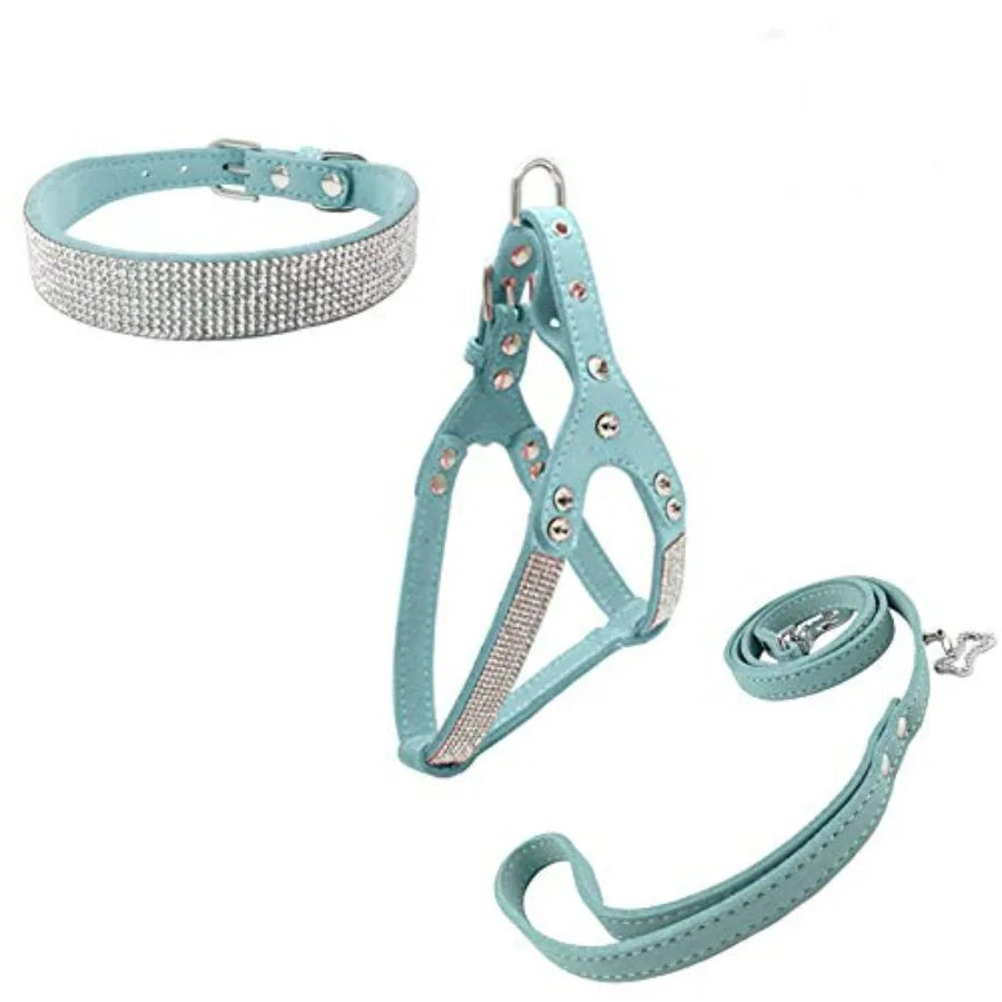 Dog Collar with Harness and Leash Sets.  Fashion Dog Collar Diamante with Harnesses and Leashes. Comfortable Soft Collar Harness and Leash.
