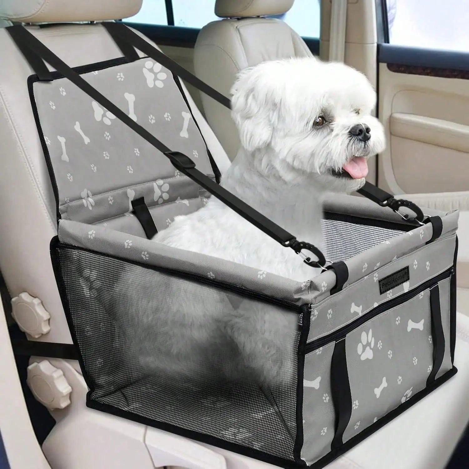 Pet Car Booster Seat is Foldable, Waterproof,  Breathable Oxford Travel Bag for Small to Medium Dogs and Puppies.