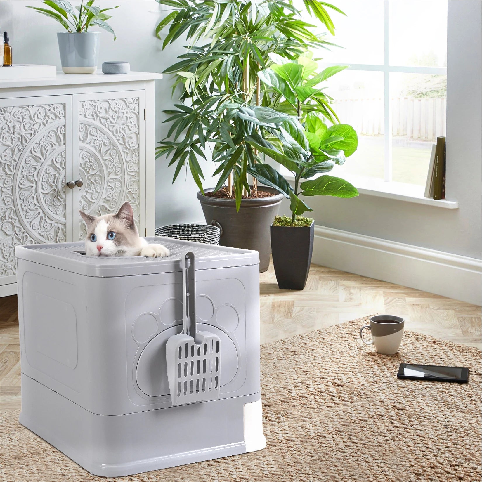Cat Litter Box Fully Enclosed and Foldable Top.  Entry Litter Box Storage and Deodorization.  Easy to Clean.  Covered Litter Box.
