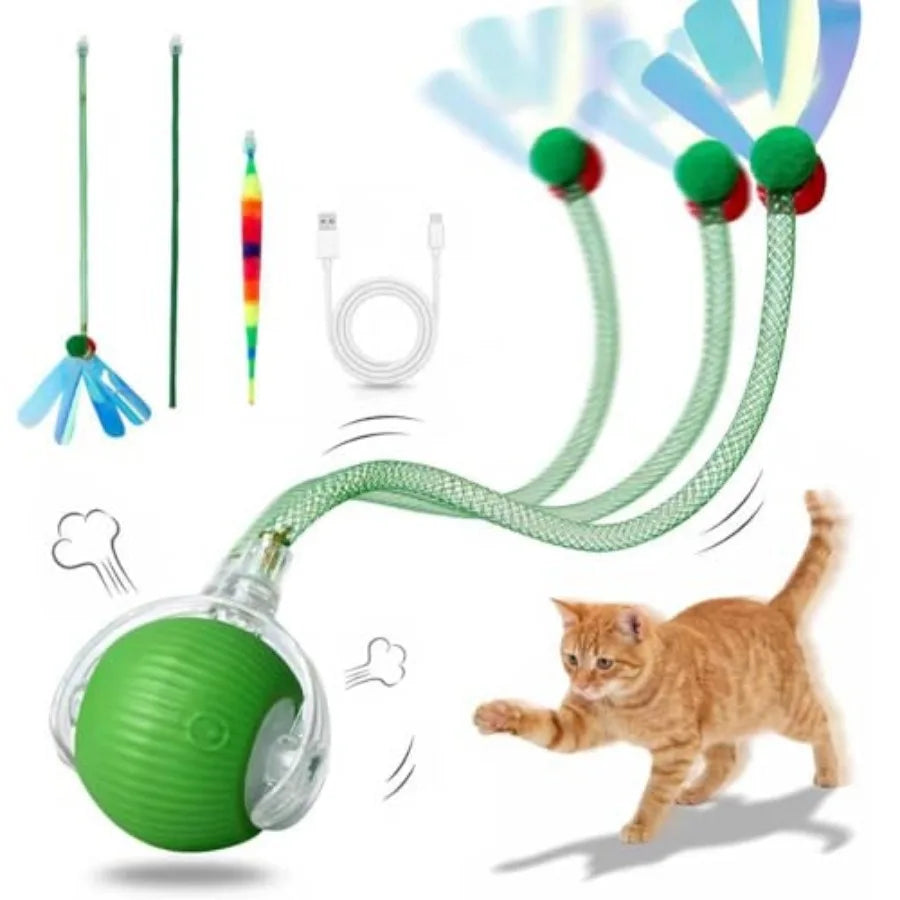 Rechargeable Smart Rolling Cat Ball.  Automatic Interactive Cat Toy with 3 Modes, LED Light and 3 Replaceable Accessories.  Indoor Floors or Carpets are Suitable.