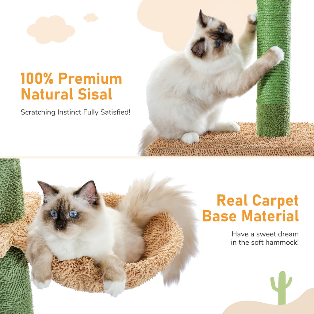 Cat Tower Cactus Tree with Scratching Post,  Hammock and Dangling Ball for Indoor Cats.