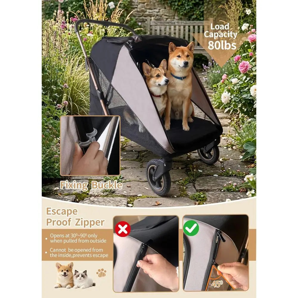 Dual-Entry 4-Wheel Pet Stroller for Large Dogs up to 80 lb. One-Foot Brake, Reflective Tape, Breathable Mesh.
