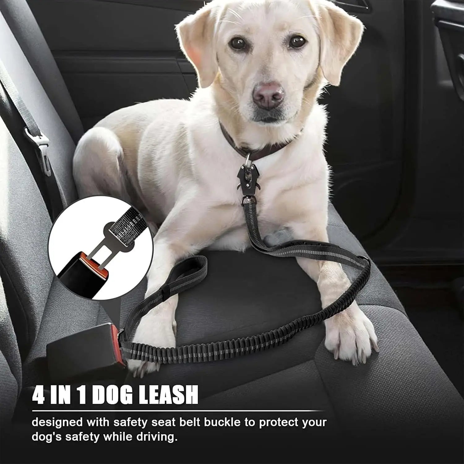 Reflective Shock Absorbing Pet Leashes with Car Seatbelt for Large Dogs.  Heavy Duty Tactical No Pull Dog Leash.