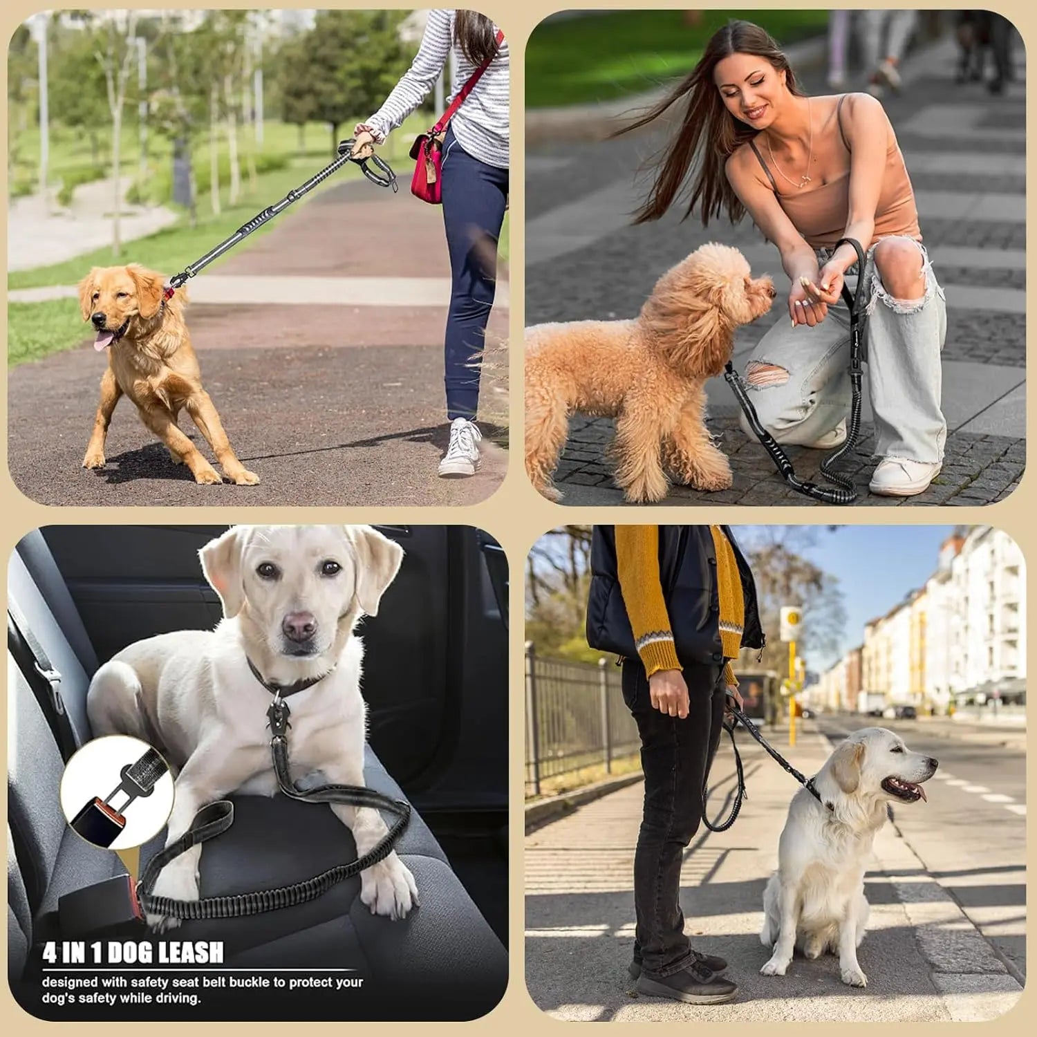 Reflective Shock Absorbing Pet Leashes with Car Seatbelt for Large Dogs.  Heavy Duty Tactical No Pull Dog Leash.