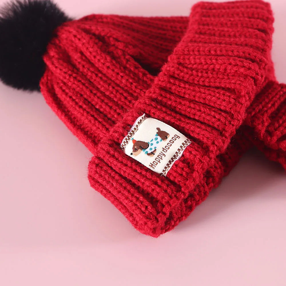 Winter Knitted Dog Hat with Plush Ball and Windproof.
