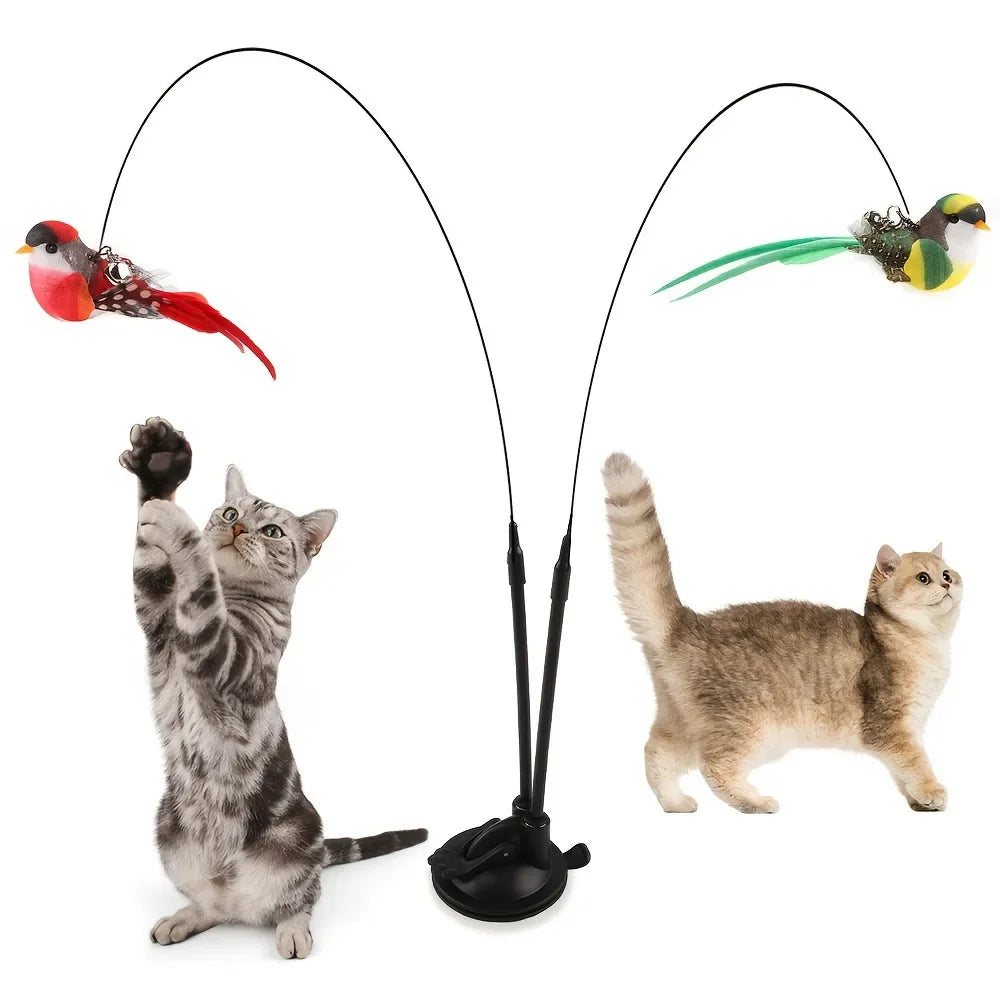 Anti-chewing metal telescopic cat toy stick with multiple replaceable heads and long-lasting durability.