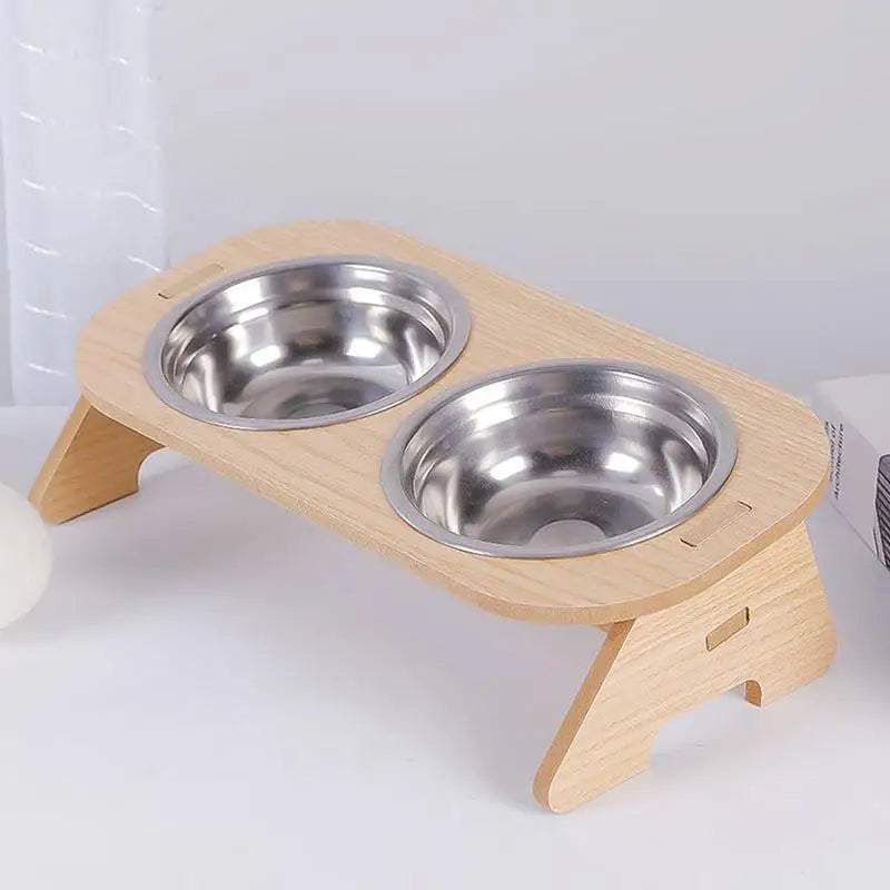 Elevated Cat Bowls 15° Tilted Raised Bowls.  Wooden Stand and Stainless Steel Bowls for Cats And Puppies.