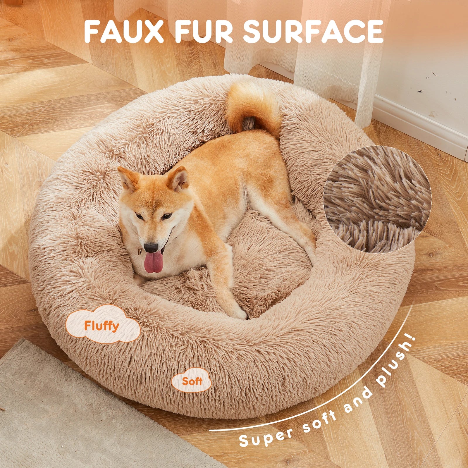 Calming Dog Bed for Medium to Large Dogs Anti-Slip Round Plush Faux Fur Dog Bed.