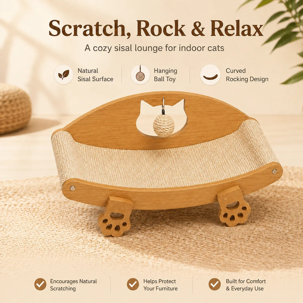 Large Sisal Cat Scratching Lounge Chair with Ball Toy, Wooden Rocking Sofa Bed for Indoor Cats to Scratch, Rest and Play.