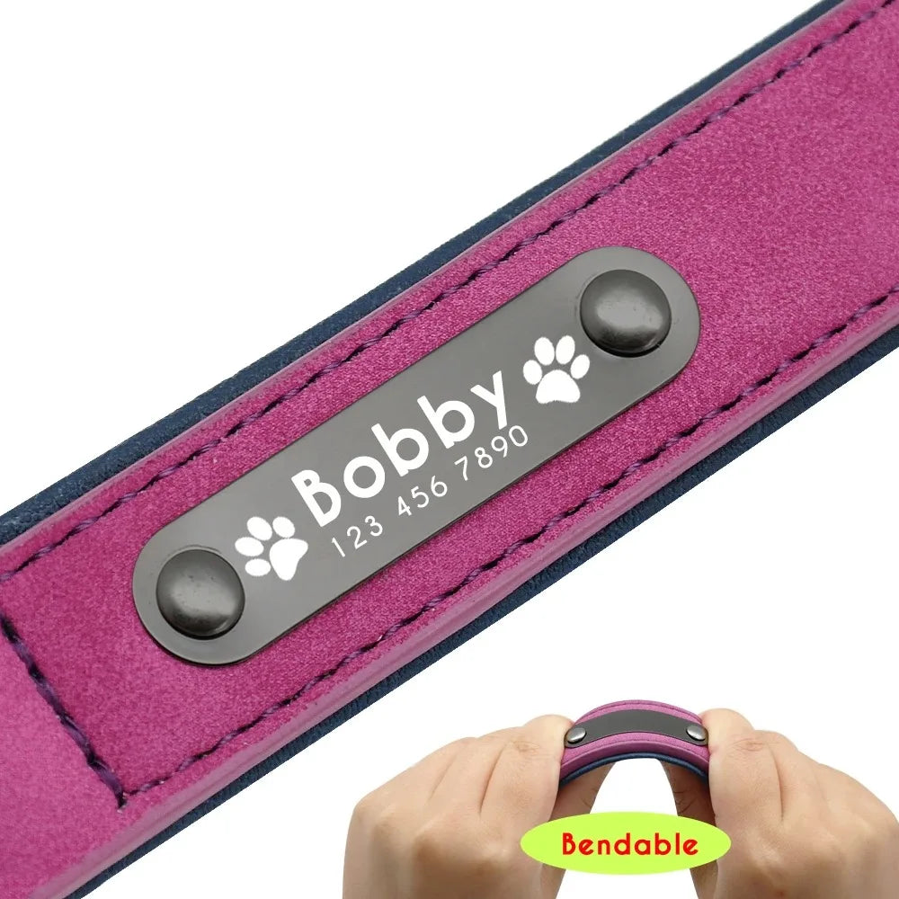 Personalized Name ID Tag Leather Dog Collar for Small, Medium and Large Dogs.
