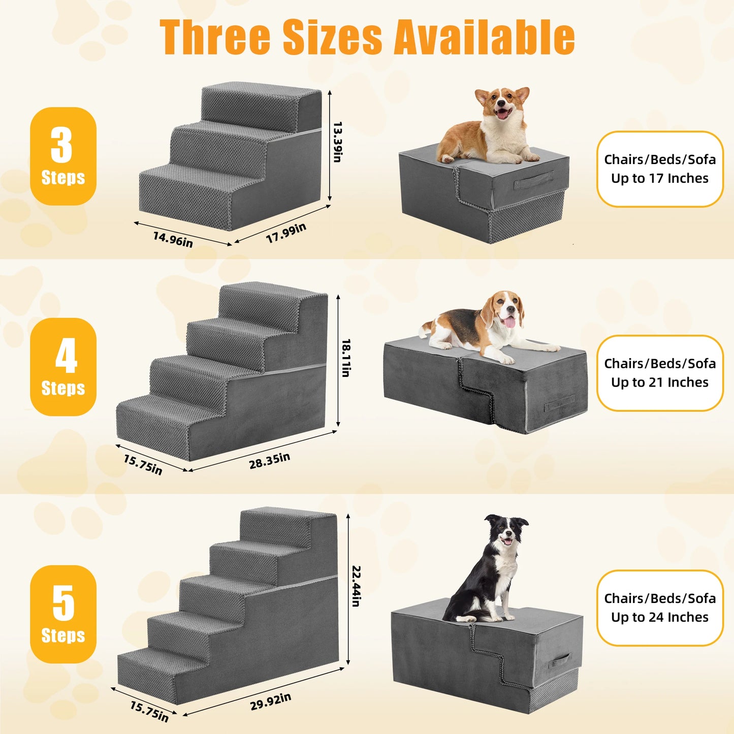 3-5 Step Right Angled Foam Dog Stairs Ramp for Small Dogs. Non-Slip Indoor Pet Ladder Ramp Stairs for Home.  3 Step, 4 Step and 5 Step Options Available.