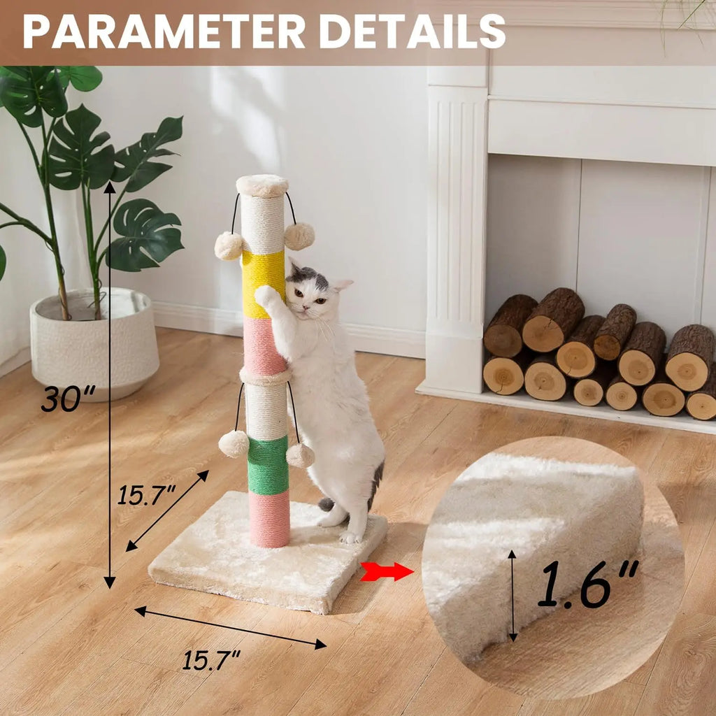 Scratching Post 30 Inch High with 4 Plush Teasing Toy Balls, Natural Sisal Rope Post and Thickened Base.