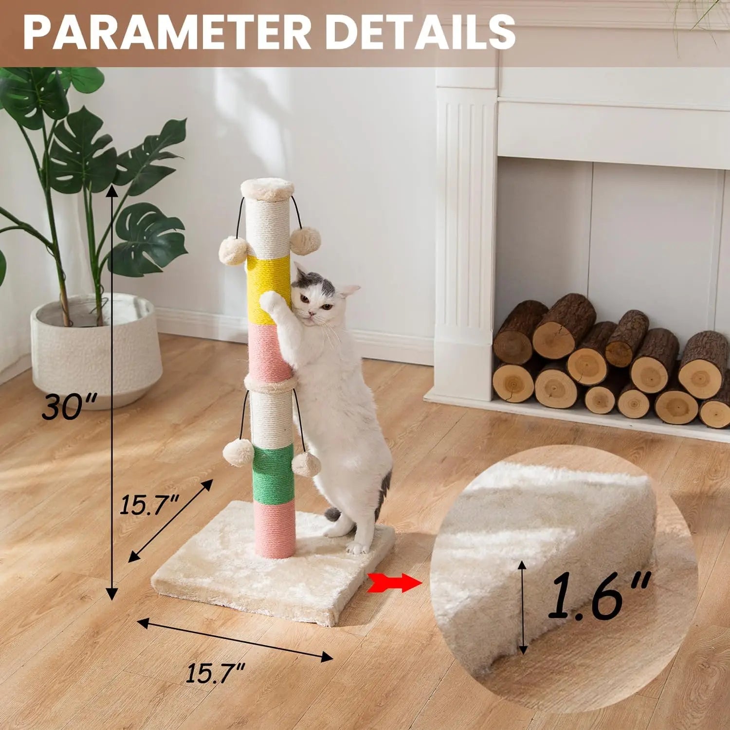 Scratching Post 30 Inch High with 4 Plush Teasing Toy Balls, Natural Sisal Rope Post and Thickened Base.