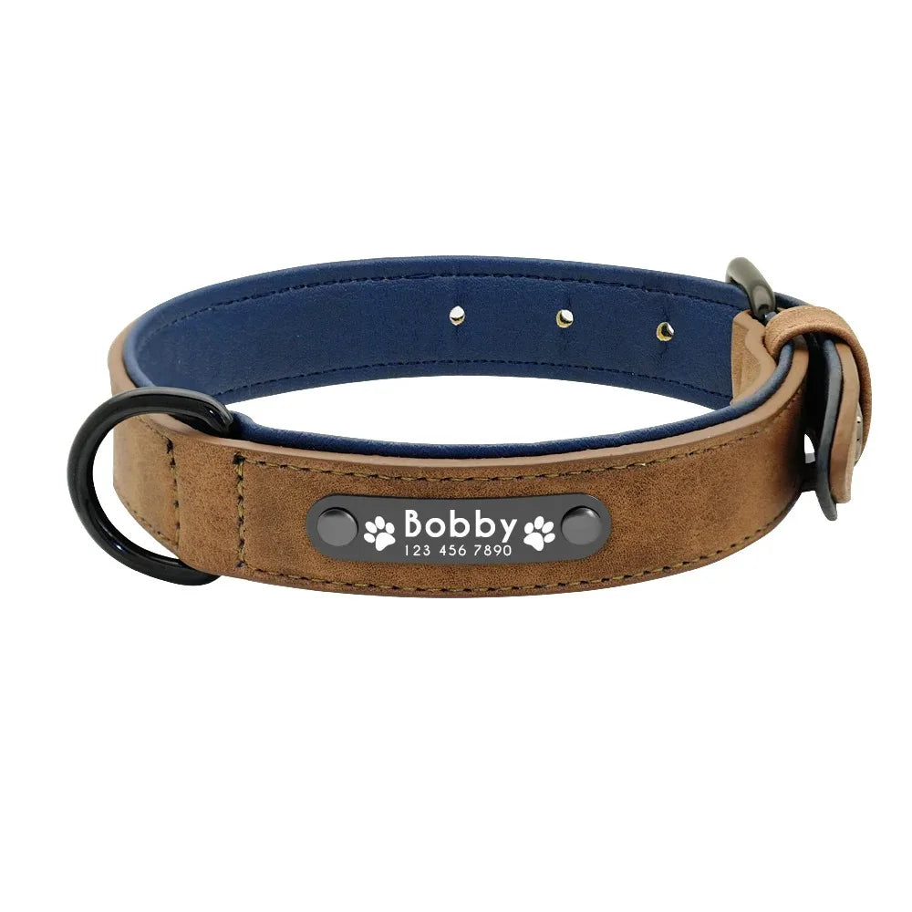 Personalized Name ID Tag Leather Dog Collar for Small, Medium and Large Dogs.