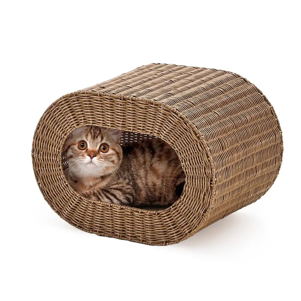 Cat House, Handwoven Cat Cave Pet Cube.  Rattan Cat Beds Indoor Kitten House with Double-Sided Soft Cushions,