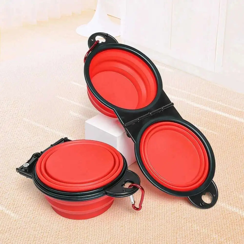2 in 1 Collapsible Double Dog Travel Bowl.  Folding Bowl Allows One Side for Food and the Other for Water.
