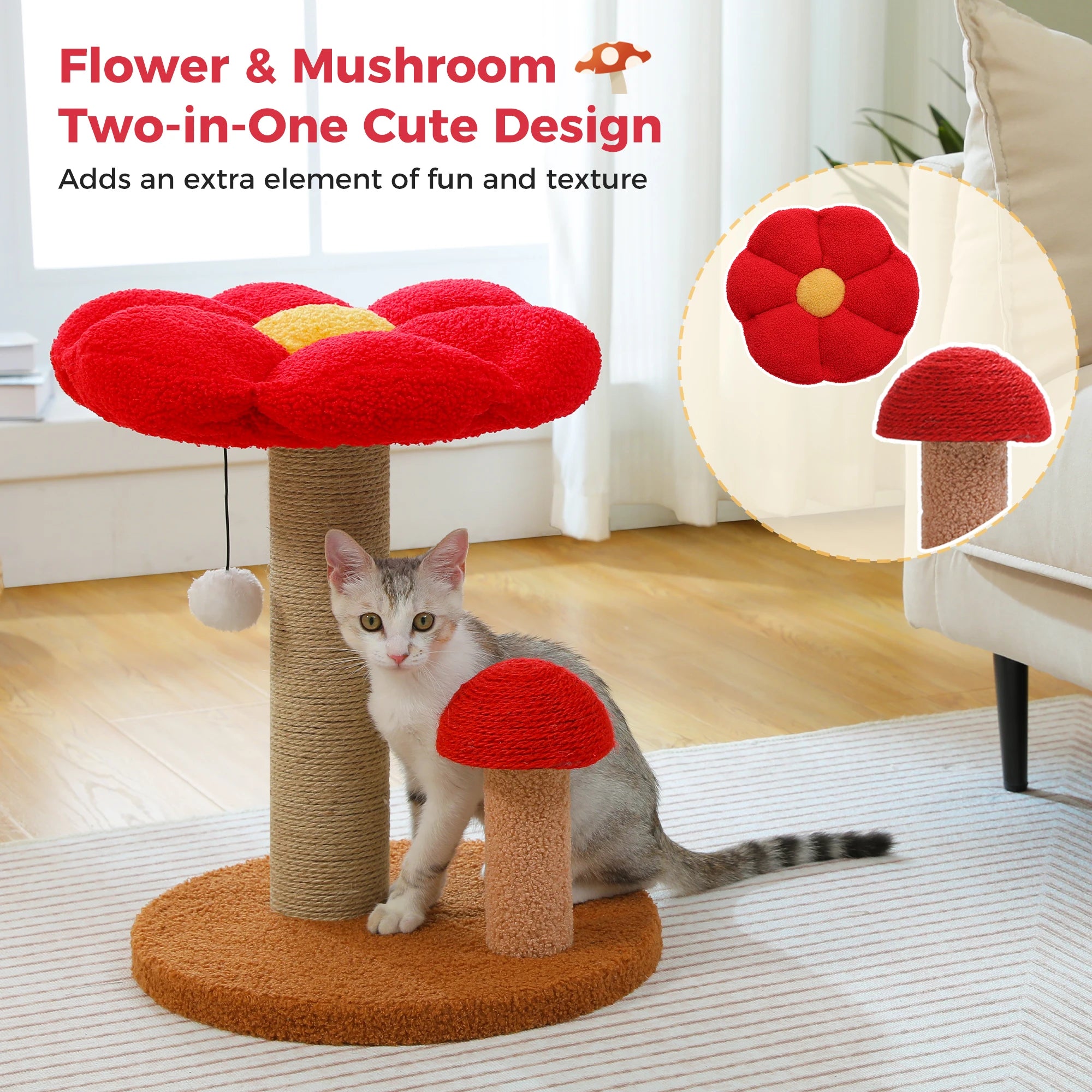 Small Cat Scratching Posts, Toy Ball, Cute Mushroom Cat Scratcher for Indoor Cat Toys.
