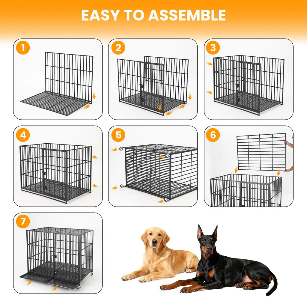 Heavy Duty Metal Dog Crate with 3 Doors, Removable Tray, for M/L Breeds.