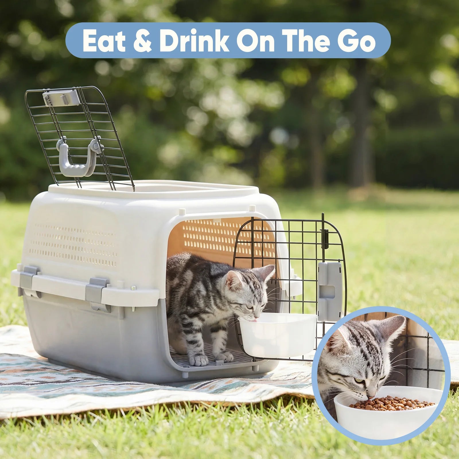 23 Inch Pet Carrier for Small Dogs and  Cats.  Front Top Load Wire Door.  Food Bowl Travel Crate with Enhanced Security.