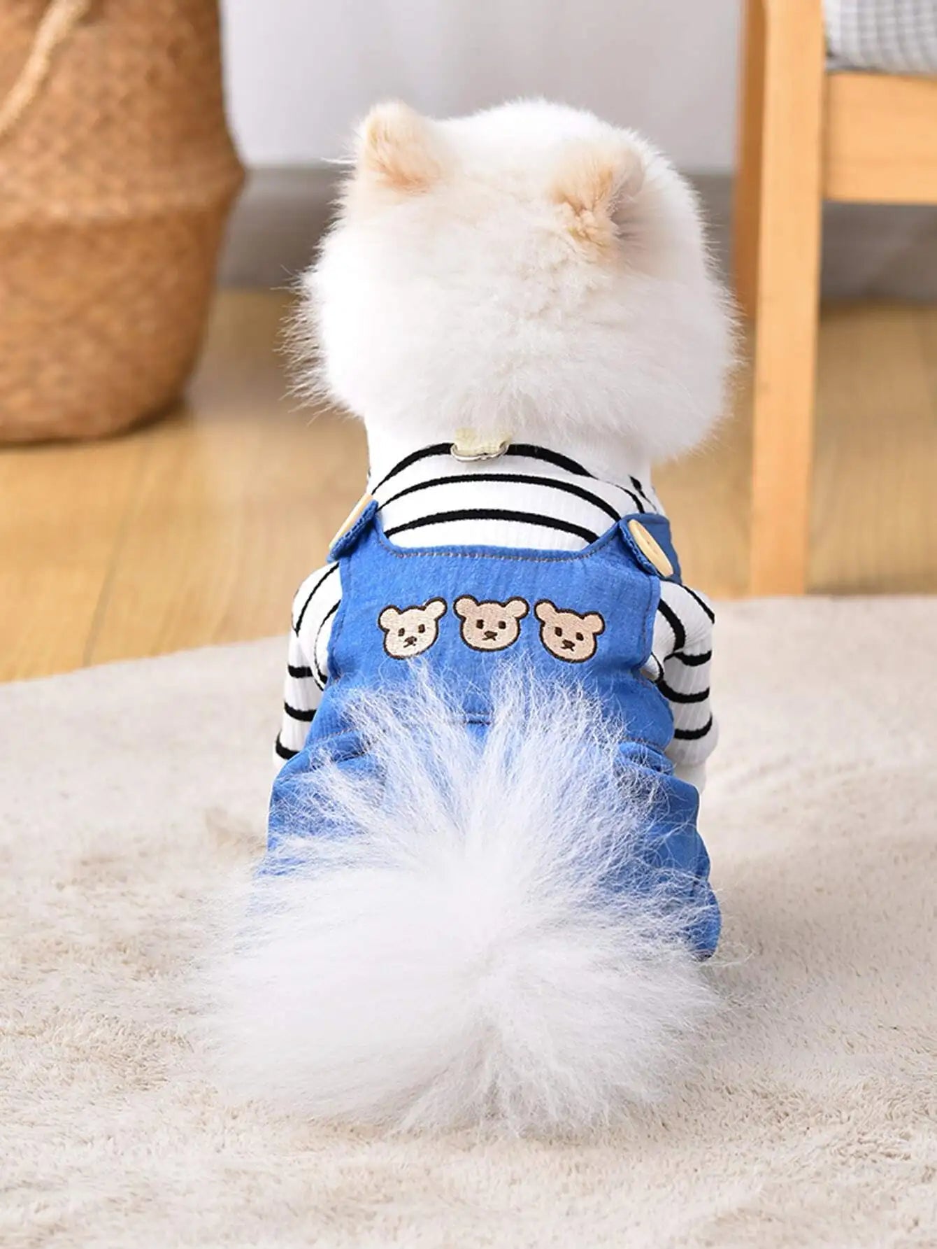 1 piece Spring & Summer Pet Clothes for Dogs and Cats.  Pet Suspender Pants and a  Cute Bear Print on the back of the Casual Jumpsuit.