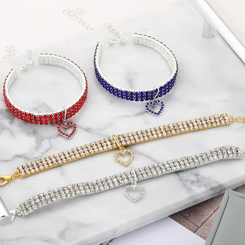 Cat and Dog Collar Three Row Elastic Rhinestone.  Pet Collars Have Decoration on Necklace.
