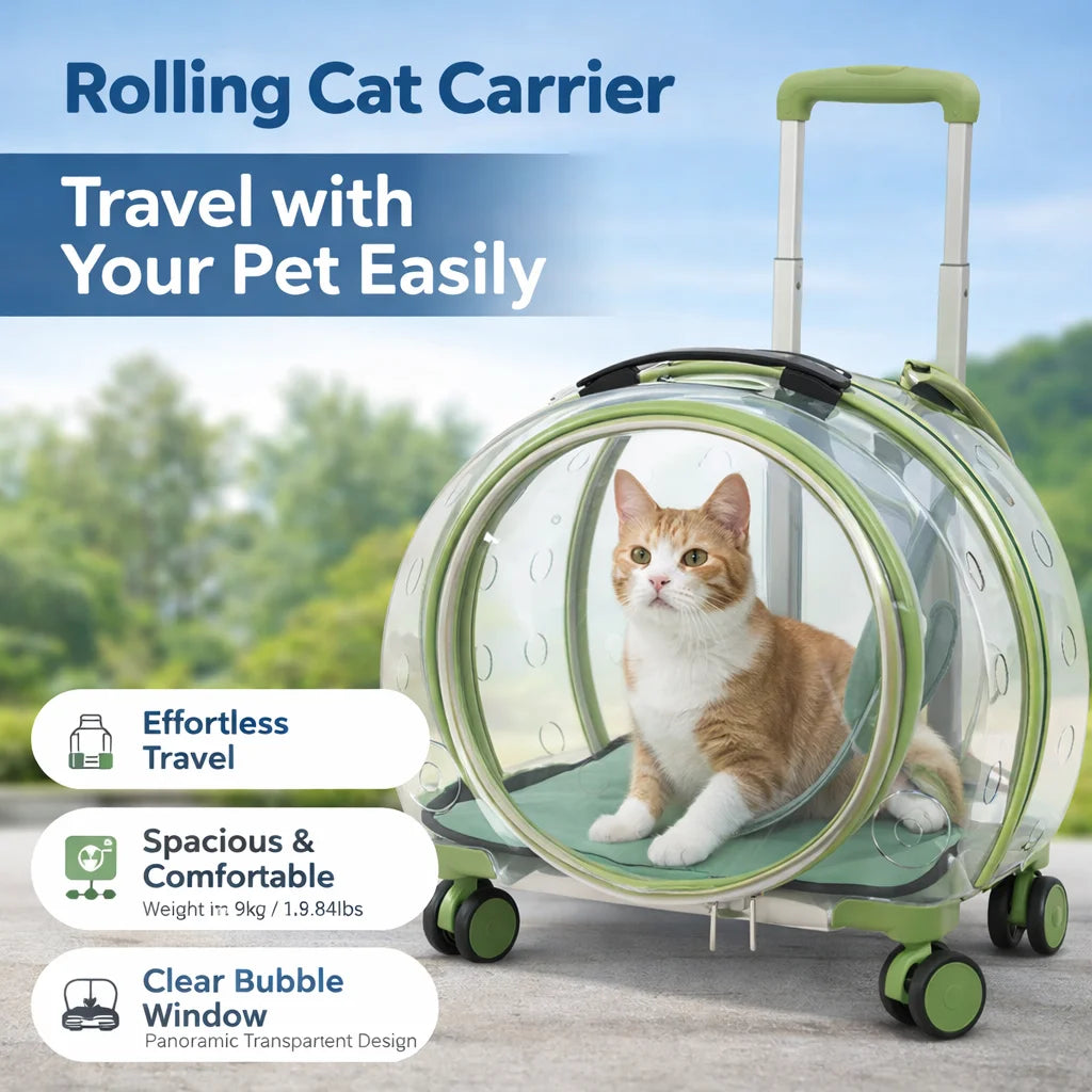 Rolling Cat Carrier with Wheels.  Telescopic Handle,  Pet Travel Bag,  Clear Bubble and Backpack for Vet Trip and Outdoors.  Cat Weight Limit 19.84 lb.