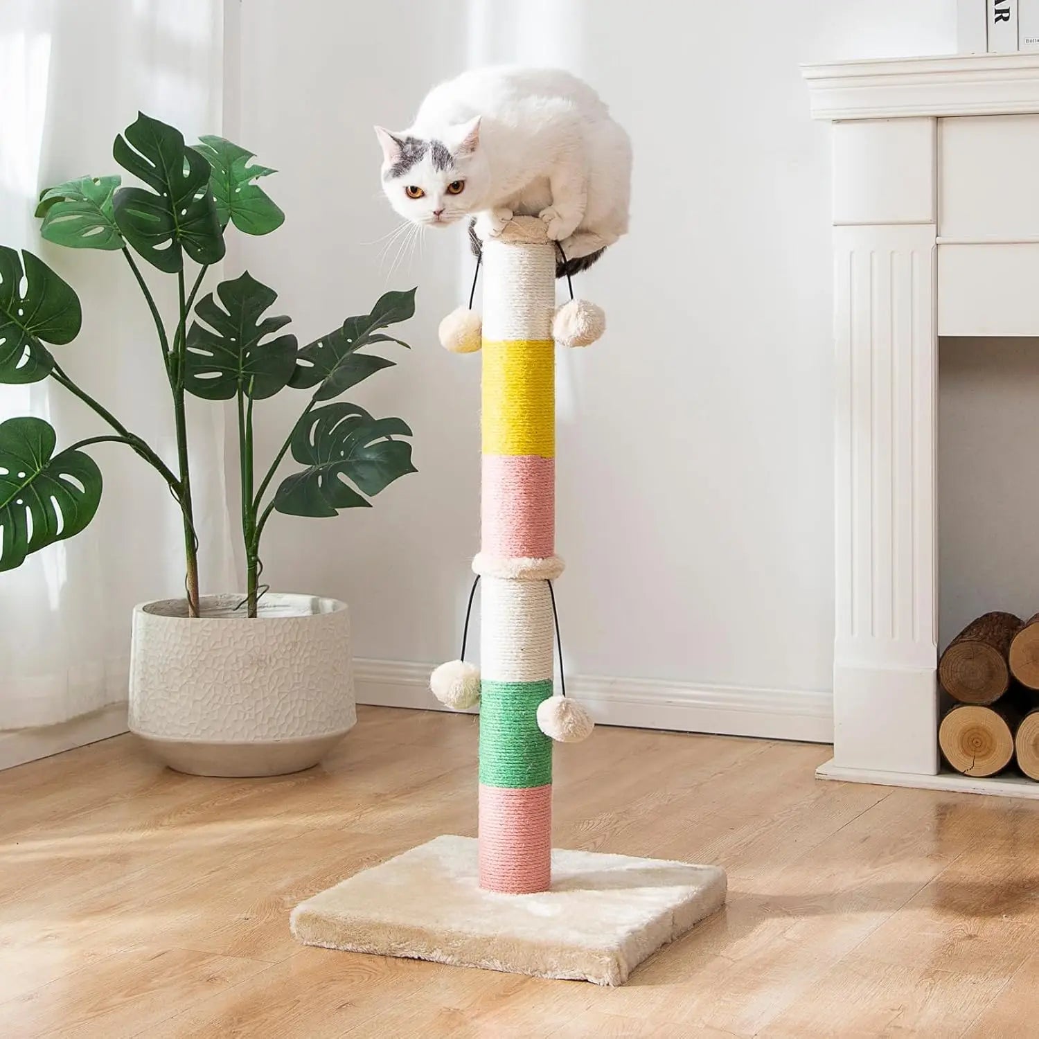 Scratching Post 30 Inch High with 4 Plush Teasing Toy Balls, Natural Sisal Rope Post and Thickened Base.