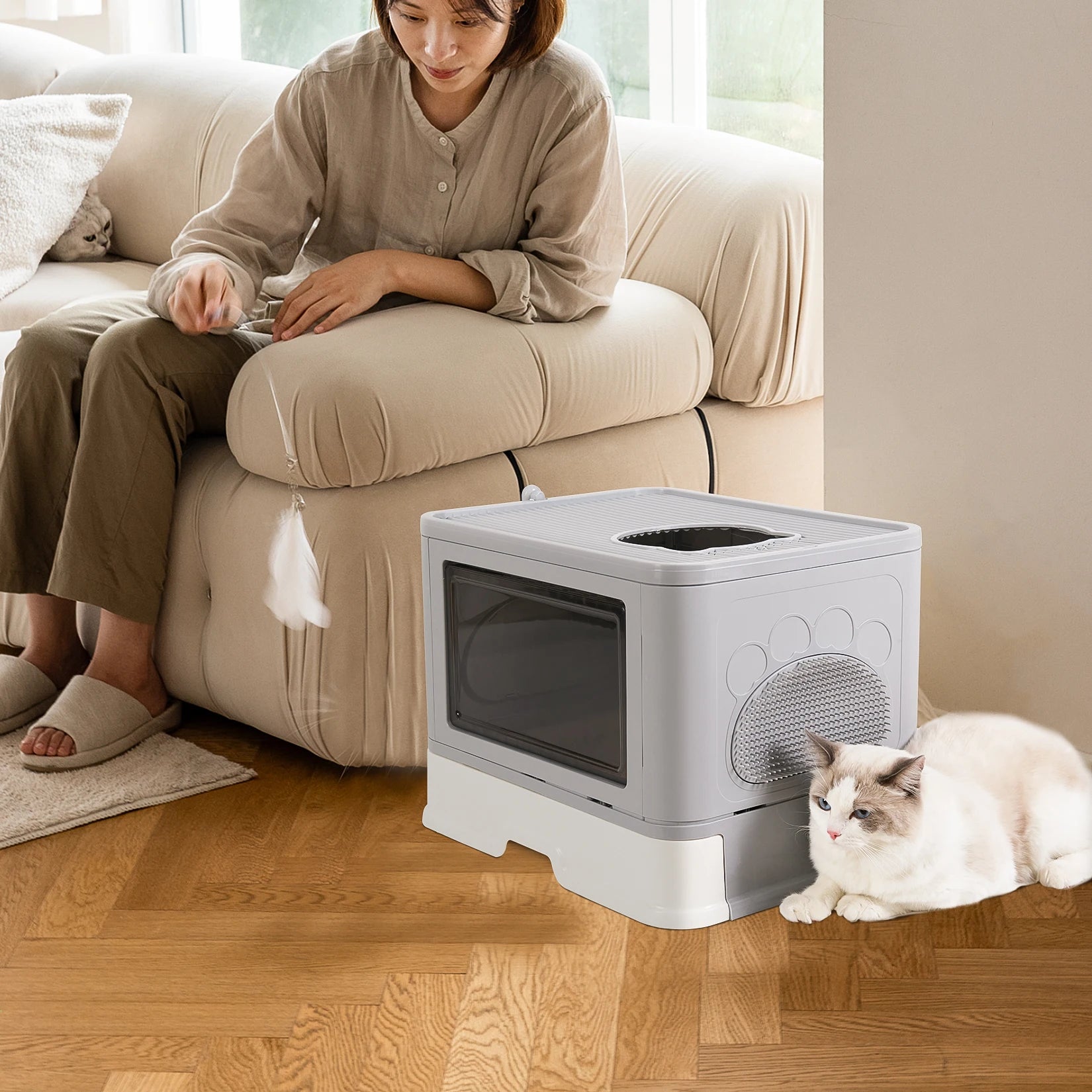 Cat Litter Box Fully Enclosed and Foldable Top.  Entry Litter Box Storage and Deodorization.  Easy to Clean.  Covered Litter Box.